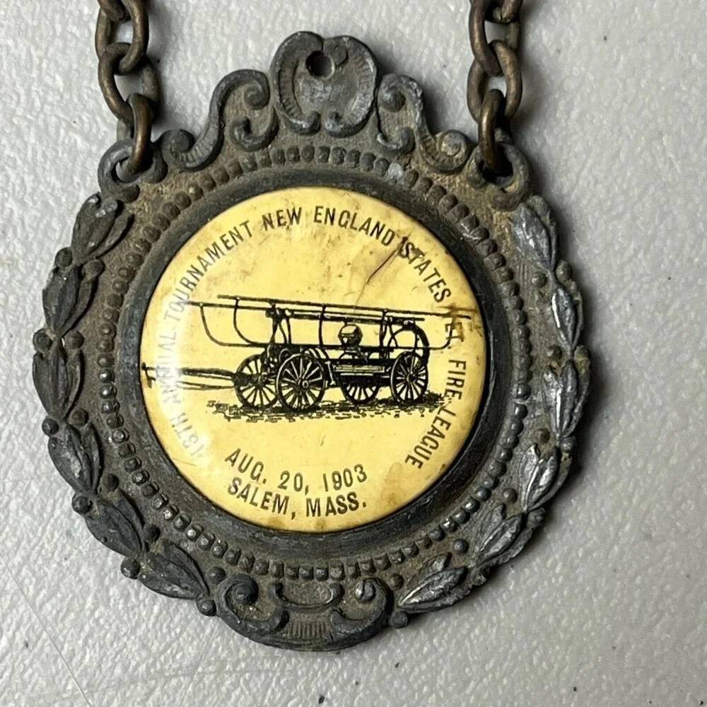 Antique 1903 New England Fire‎ League 13th Annual Tournament Committee Pin Badge